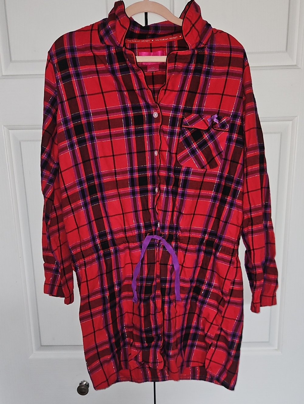Victoria's Secret Red Plaid Womens Pajama Tunic with Purple Accents